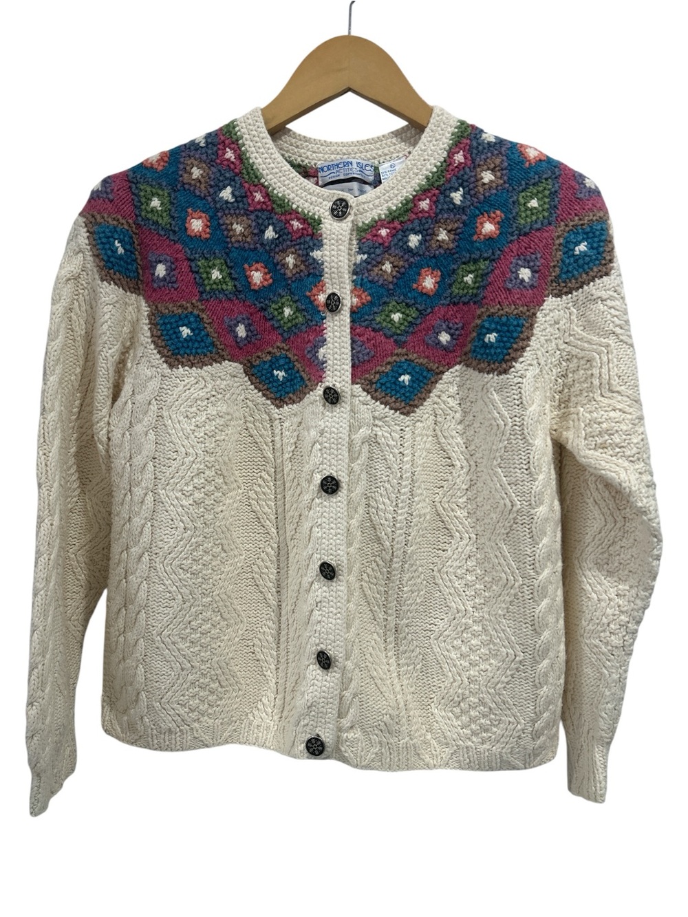 Vintage Northern Isles Hand Knit Cotton Blend Cable Knit Cardigan Sweater - LP
